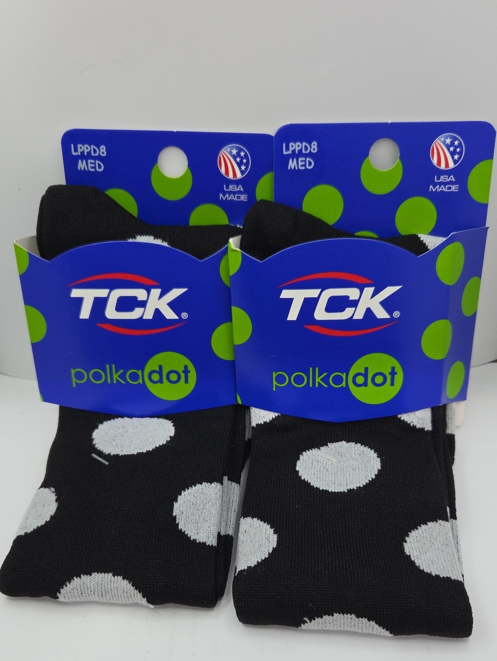 2pk TCK Black w/ White Polka Dot Mid-calf Socks Medium, Women Shoe Size 7-10